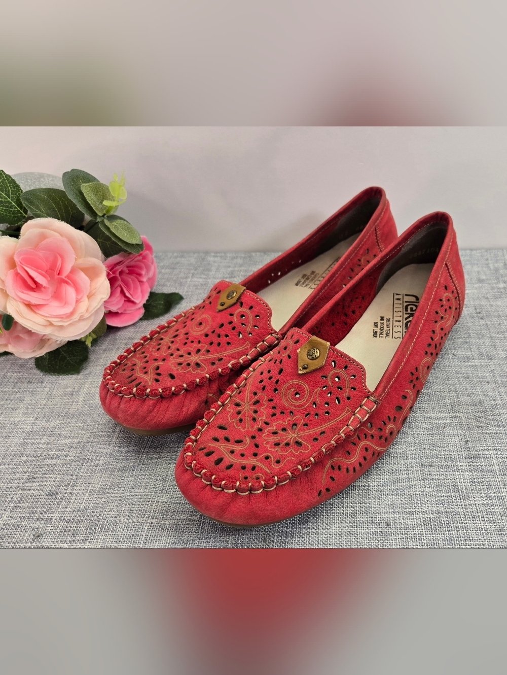 Rieker‎ Red Leather Shoes Size 38 EU, 7 US Loafers Slip On Perforared Design